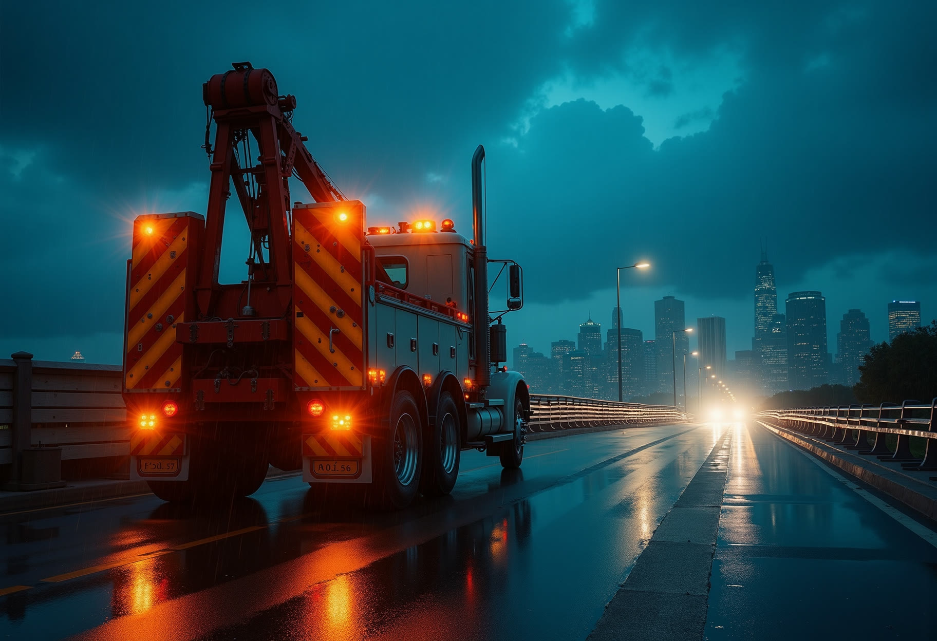 Heavy wrecker, boom up, downtown overpass